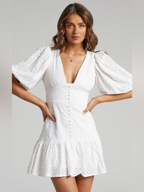 Showpo. NWT Gladys Embroidered Mini Dress with Puff Sleeves